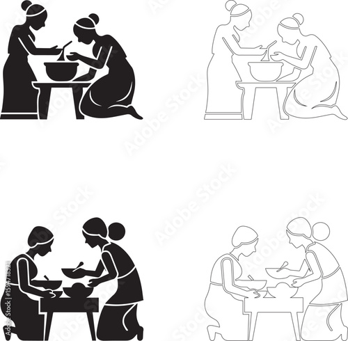 world food day two people preparing food at table icon set vector silhouette outline