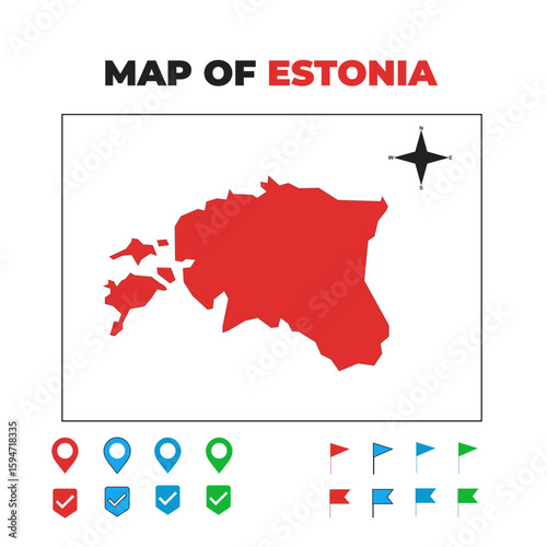Red silhouette map of Estonia vector illustration on white background | Detailed political geography outline of the Baltic state | Estonian national borders with islands and mainland shape graphic