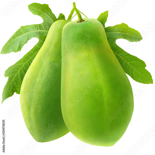 Fresh Green Papaya with Leaves Isolated on Transparent Background