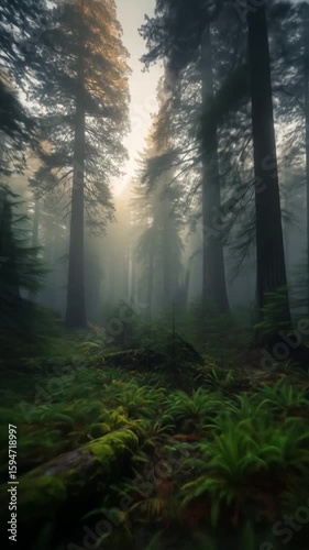 Misty Redwood Forest Sunlight