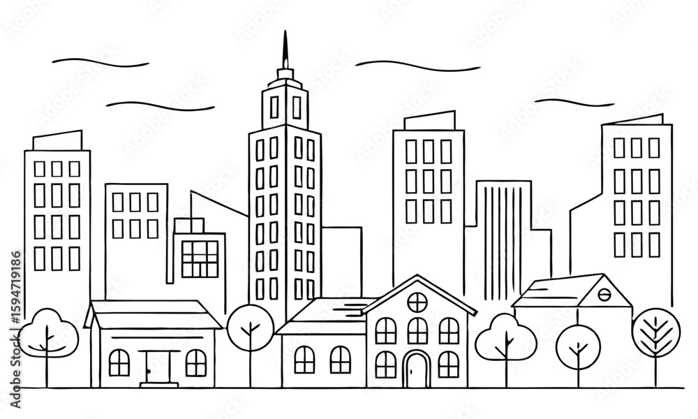 Obraz premium Cityscape line art illustration.City line view illustration with a variety of building shapes.Vector illustration eps 10