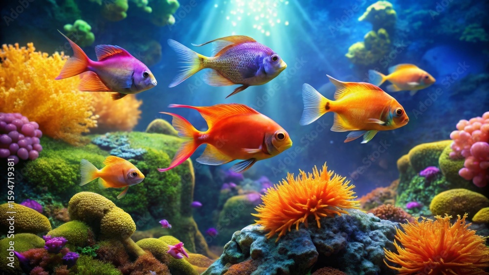 Naklejka premium Vibrant Reef Fish in Underwater Paradise A Colorful Scene of Aquatic Life