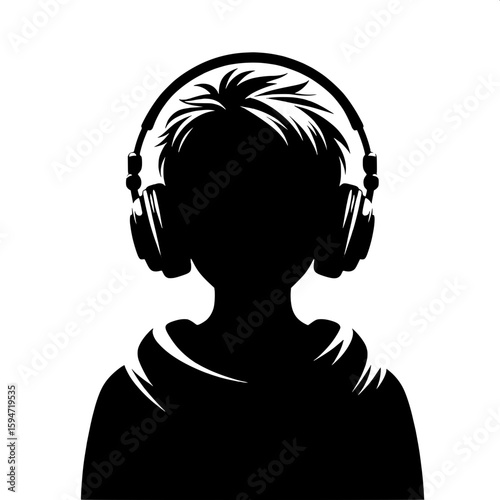 Black and White Vector Silhouette of a Boy with Headphones Listening