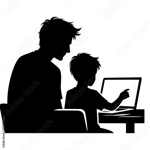 Black and White Vector Silhouette of a Man Teaching Boy via Laptop