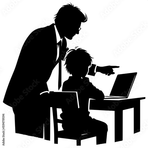 Black and White Vector Silhouette of a Man Teaching Boy via Laptop