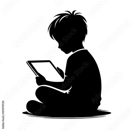 Black and White Vector Silhouette of a Boy Sitting Cross‑Legged with Tablet