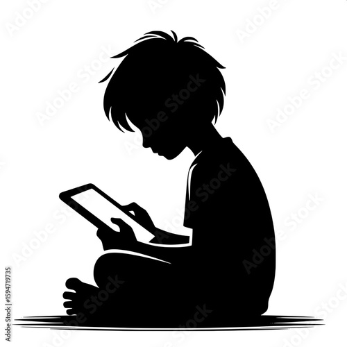 Black and White Vector Silhouette of a Boy Sitting Cross‑Legged with Tablet