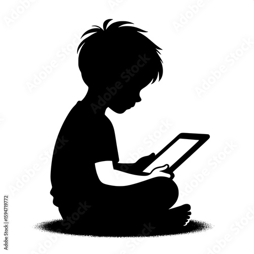 Black and White Vector Silhouette of a Boy Sitting Cross‑Legged with Tablet