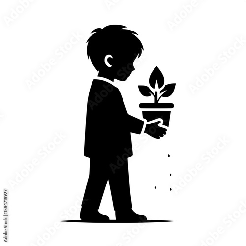 Black and White Vector Silhouette of a Boy Holding Recycled Plant in Pot