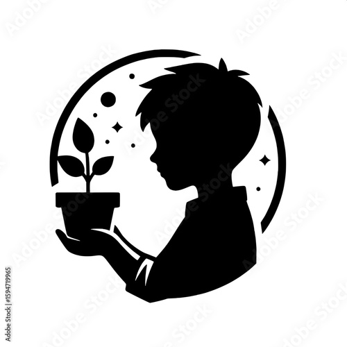 Black and White Vector Silhouette of a Boy Holding Recycled Plant in Pot