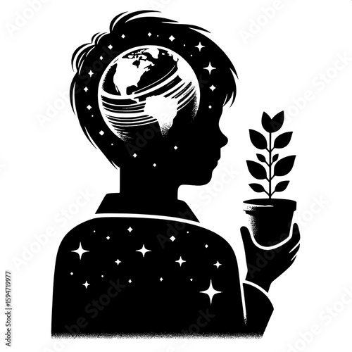 Black and White Vector Silhouette of a Boy Holding Recycled Plant in Pot