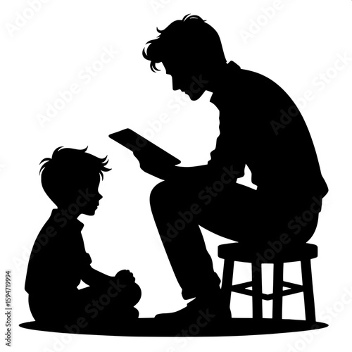 Black and White Vector Silhouette of a Man Reading Story on Tablet to Boy