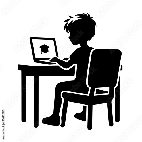 Black and White Vector Silhouette of a Boy Doing Online Homework