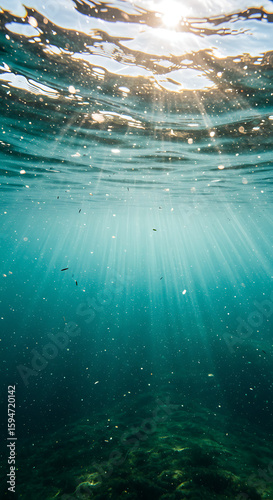 Underwater view with sun rays penetrating the surface, creating a serene and ethereal scene.