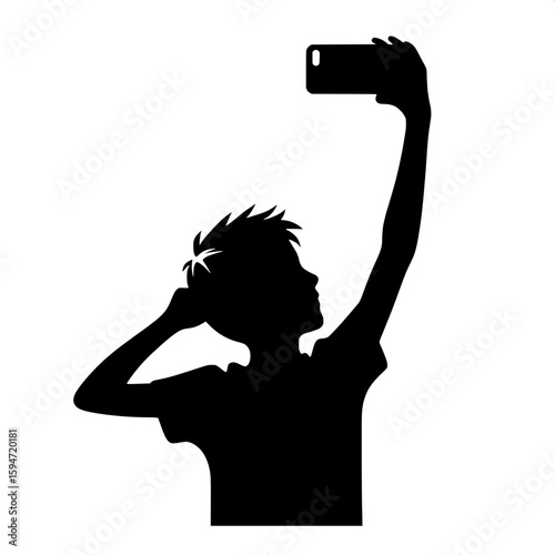 Black and White Vector Silhouette of a Boy Taking a Selfie with Smartphone