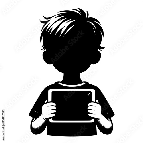 Black and White Vector Silhouette of a Boy Holding a Tablet