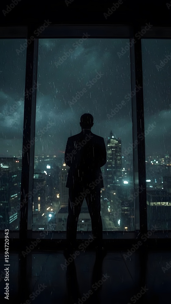 Fototapeta premium Man in suit looking at rainy city skyline at night office window stock photo image