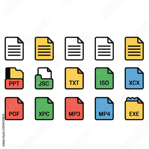 Illustration of various file type icons including ppt jsc txt iso xcx pof xpc mp3 mp4 and exe files