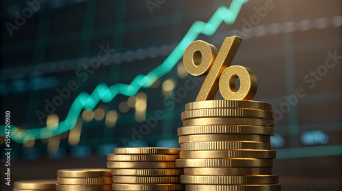 Golden percentage symbol on stacked coins with upward trend graph