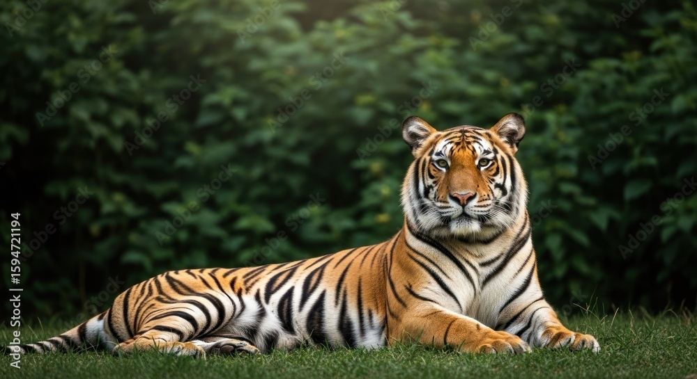 Obraz premium Tiger rests calmly against a lush green backdrop