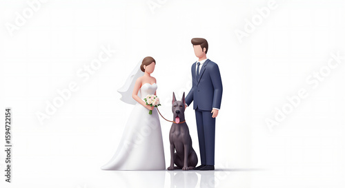 Bride and groom with The Great Dane on white background  