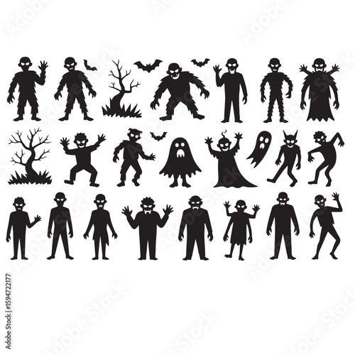 Black silhouettes of halloween monsters and creatures including zombies ghosts and bats on a white background