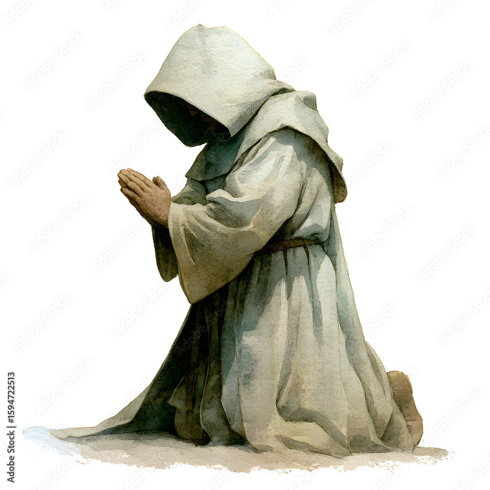 Naklejka premium Watercolor Monk in Prayer: Religious Figure Illustration, Medieval Era, Spirituality, Faith, Kneeling, Hooded Robe, Isolated on White, Artistic