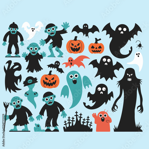 A halloween themed vector illustration featuring ghosts zombies pumpkins and bats on a blue background