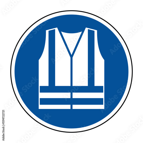 Wear High-Visibility Clothing Sign – Mandatory Safety Vest Icon on Blue Circular Symbol – High Quality Vectorial Stock Image