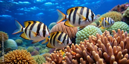 Fototapeta Naklejka Na Ścianę i Meble -  Striped fish swimming amidst vibrant coral reef, a breathtaking underwater scene of aquatic life and natural beauty