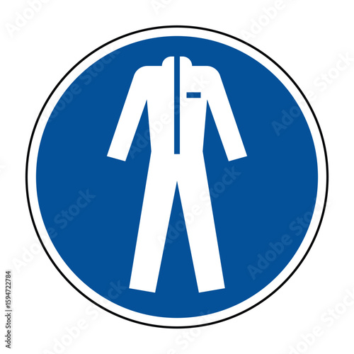 Wear Protective Clothing Sign – Mandatory Full-Body Safety Suit Icon on Blue Circular Symbol – High Quality Vectorial Stock Image