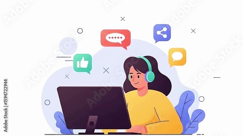 A smiling woman wearing headphones uses a desktop computer, surrounded by positive social media feedback symbols in a vibrant, modern setting.