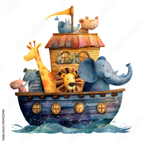 Watercolor Noah's Ark Illustration with Animals - Giraffe, Elephant, Lion, Bear, Hippo, and More on a Boat in the Sea