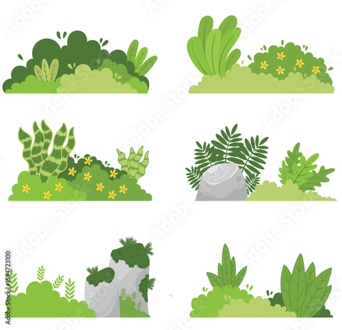 Set of Lush Green Bushes and Plants for Decorative Landscape