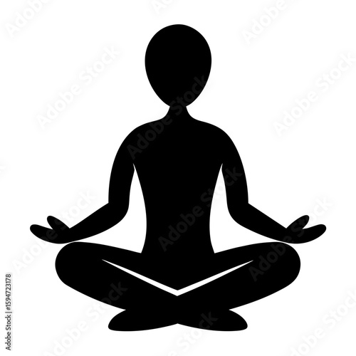 Silhouette of a person meditating in a cross legged pose isolated on white background