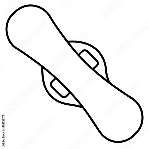 Detailed line art illustration of a snowboard with bindings isolated on white background