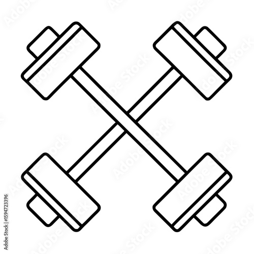Simple line art of two crossed dumbbells isolated on white background