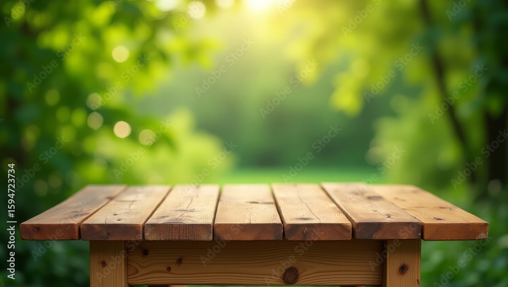 Fototapeta premium Wooden Picnic Table in Sunlight with Blurred Green Foliage Background