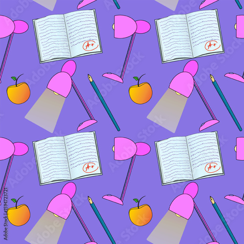Seamless pattern with vector school desk lamps, notebooks, pencils, and apples on a purple background. For back to school theme, school supplies or stationery design, textile print, and wrapping paper