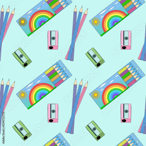 Seamless pattern with colored pencils, sharpeners, and rainbow themed packaging on blue background. For back to school theme, school supplies or stationery design, textile print, and wrapping paper.