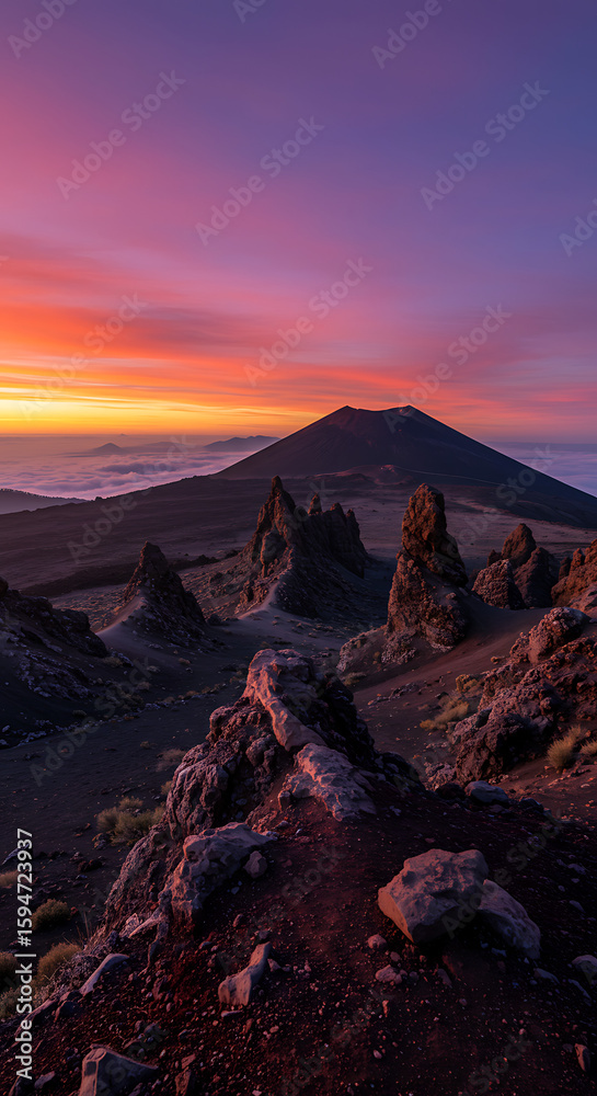 Naklejka premium Dramatic volcanic landscape featuring rock formations and Mount Teide under a colorful sunset sky.