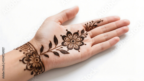 Artistic hand with henna floral art displays beautiful traditional patterns on fair skin against a bright white clean surface.