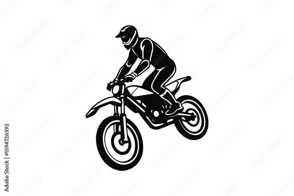 Motorcycle Rider Performing a Wheelie Black and White Graphic Illustration Extreme Sport Racing Silhouette Style Isolated on White Background Silhouette Motorcycle Rider Performing a Wheelie Black and White Graphic Illustration Extreme Sport Racing Silhouette Style Isolated on White Background Silhouette