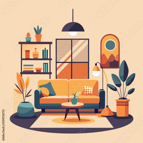 Vector illustration of a luxurious living room interior with a sofa, armchair, and elegant furniture design