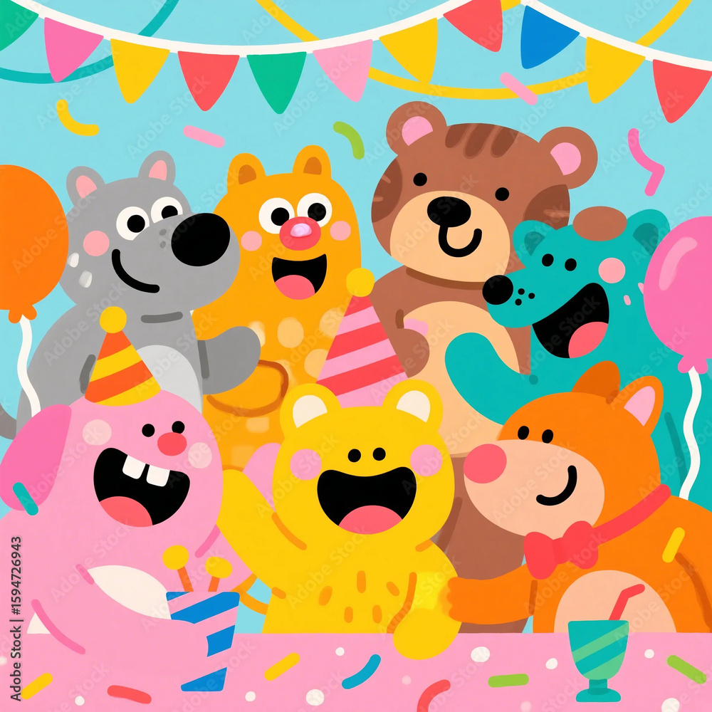 Fototapeta premium Whimsical Animal Party: Fun Celebration with Cute Characters