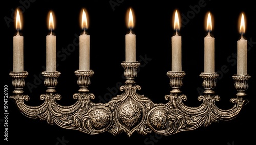 Ornate silver candleholder with burning candles.