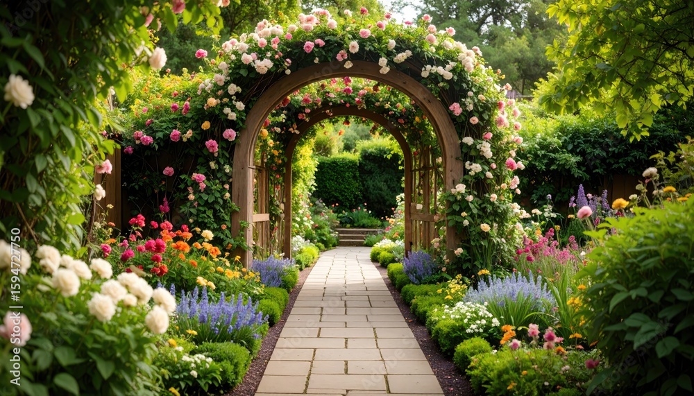 Fototapeta premium Blooming Garden Archway: A serene garden pathway leads under a beautiful archway covered in vibrant roses and flowers, leading to a tranquil garden, inviting exploration and contemplation.