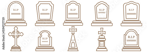 Gravestone, headstone and tombstone icons, tomb stone vector silhouettes. Cemetery or graveyard tombstones with RIP memorial and gothic cross, funeral grave burial and Christian cemetery monuments