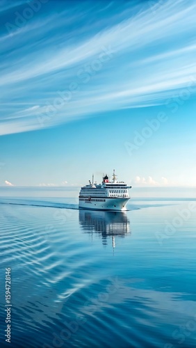 A large white cruise ship sails on calm blue water under a bright sky