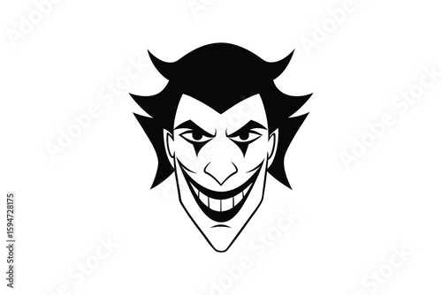 Creepy Clown Face with Evil Smile and Piercing Eyes Black and White Illustration in Silhouette Style for Halloween or Horror Themes silhouette